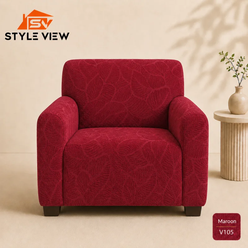 Fujian Jacquard Sofa Cover  - Maroon (Leaf Design)