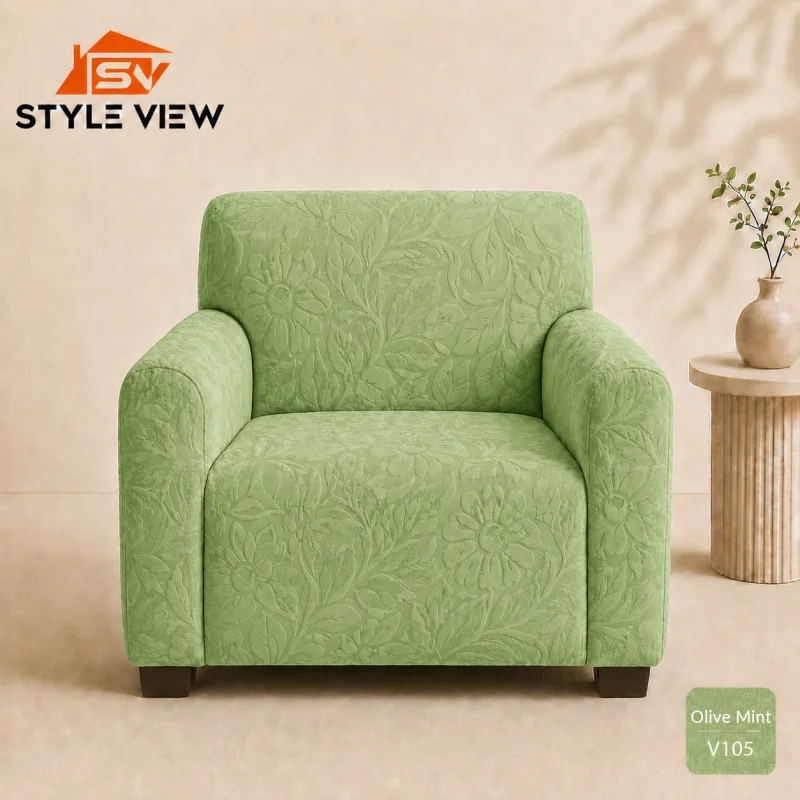 Fujian Jacquard Sofa Cover  - Olive Mint (Flower Design)